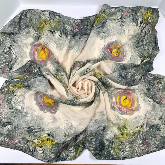 Vintage Accessories - Marble Swirl Silk Scarf Hand Marbled Square Ivory Black Gray Hand Rolled Hem